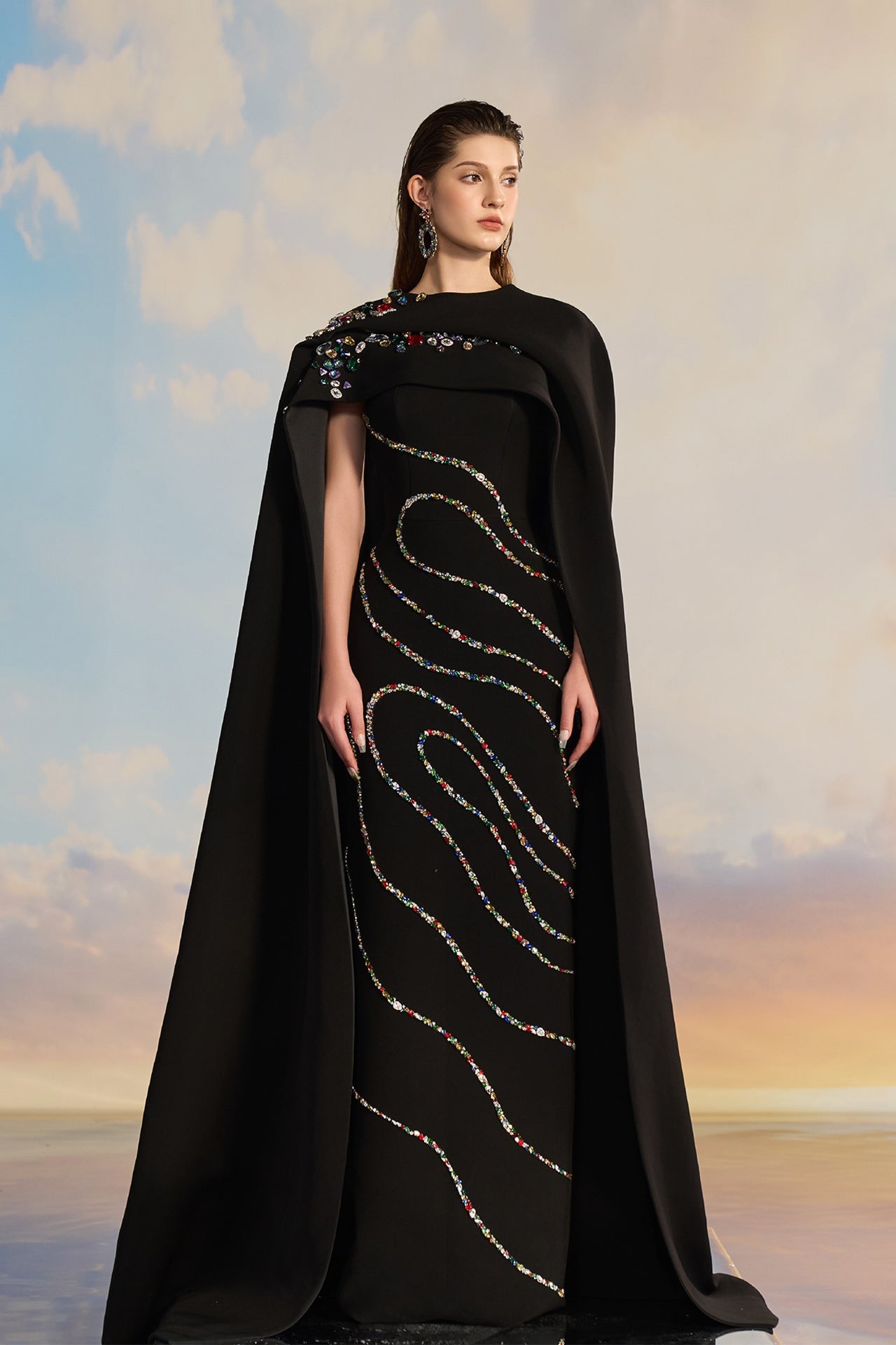 Black Cape Dress with Embellished Design – M.R DESIGN