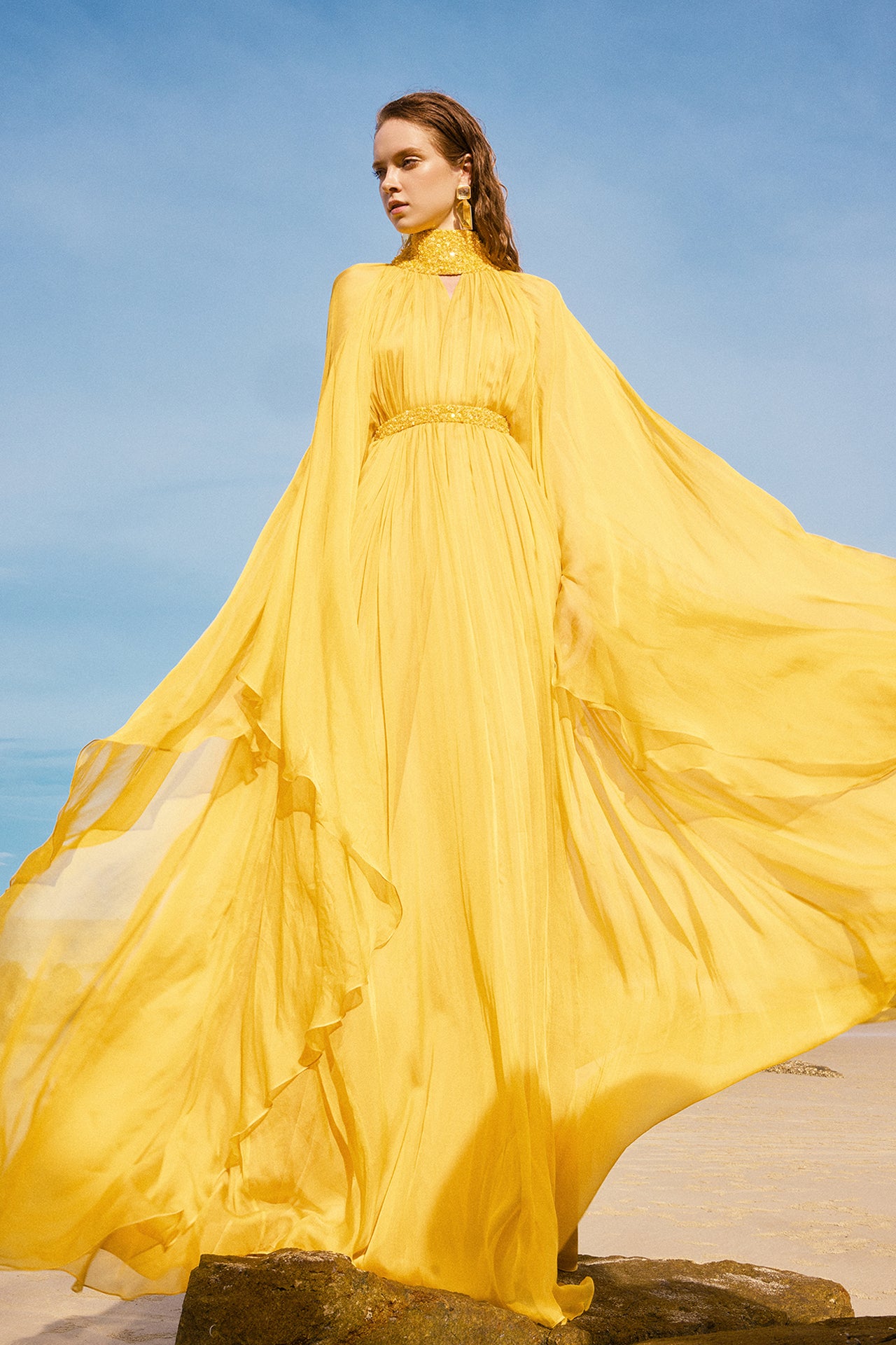 fitted lace wedding dress Tala Long Sleeve Asymmetrical Drape Maxi Dress in Butter Yellow 3XL main image 0