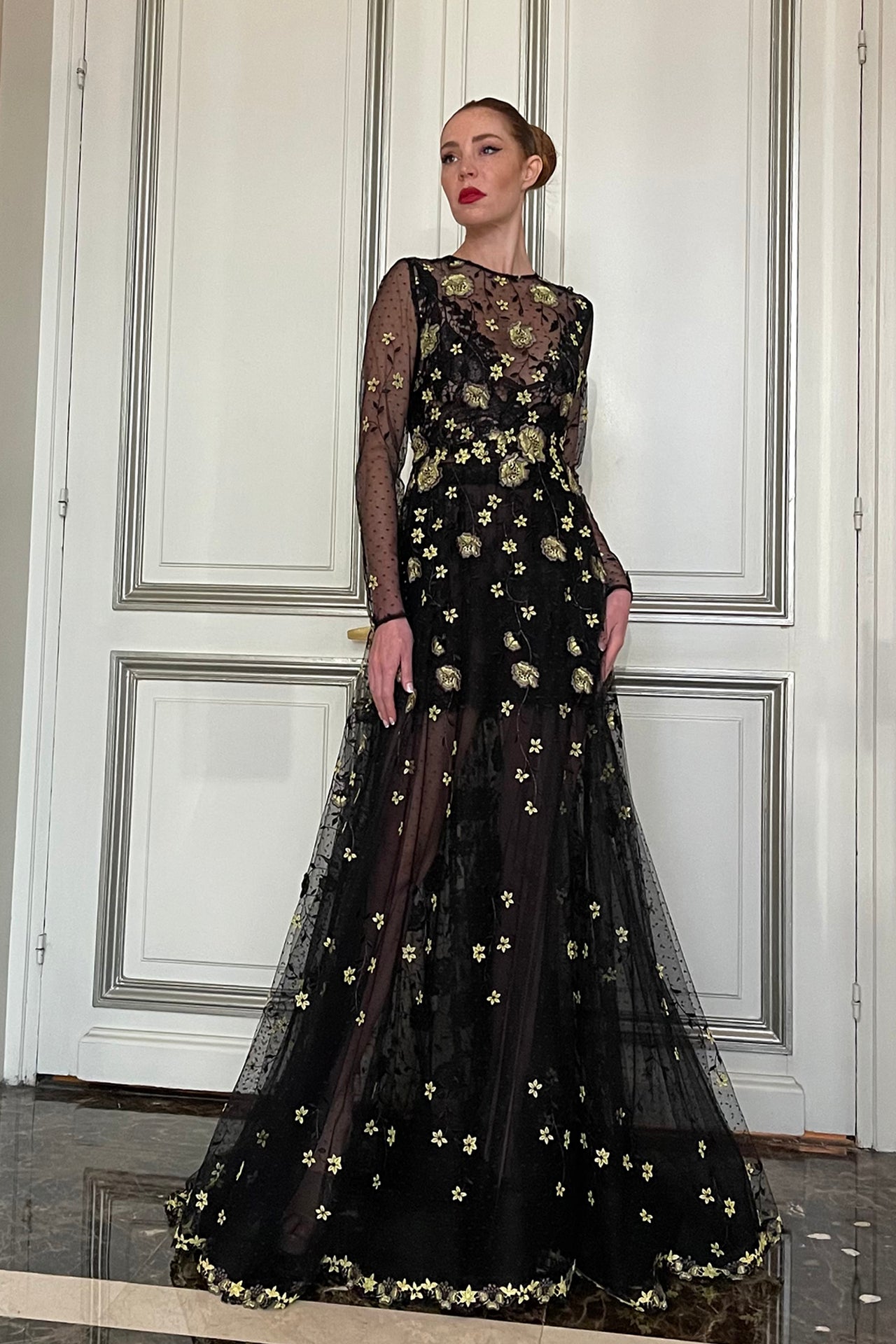 Embroidered Tulle Long-Sleeved A-line Dress Black / FR 34