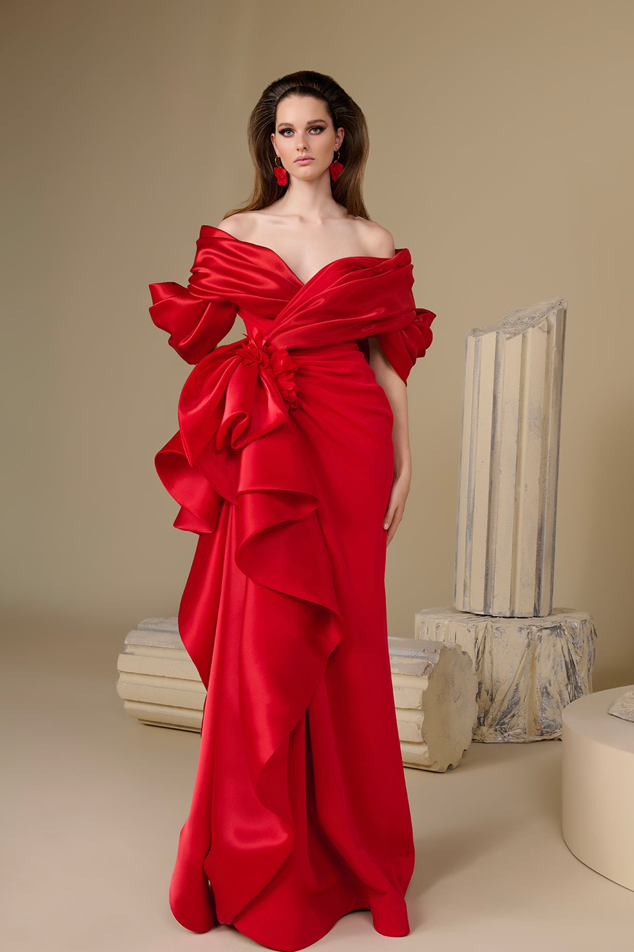red silk off the shoulder dress Off-The-Shoulder Satin with Sculpted Fold / FR 46 Sequin Mermaid Gown with ProductType: Home > Women's Plus Size Clothing > Plus Size Dresses > Plus Size Short Dresses shine jersey to a UK | AU Size:22/24