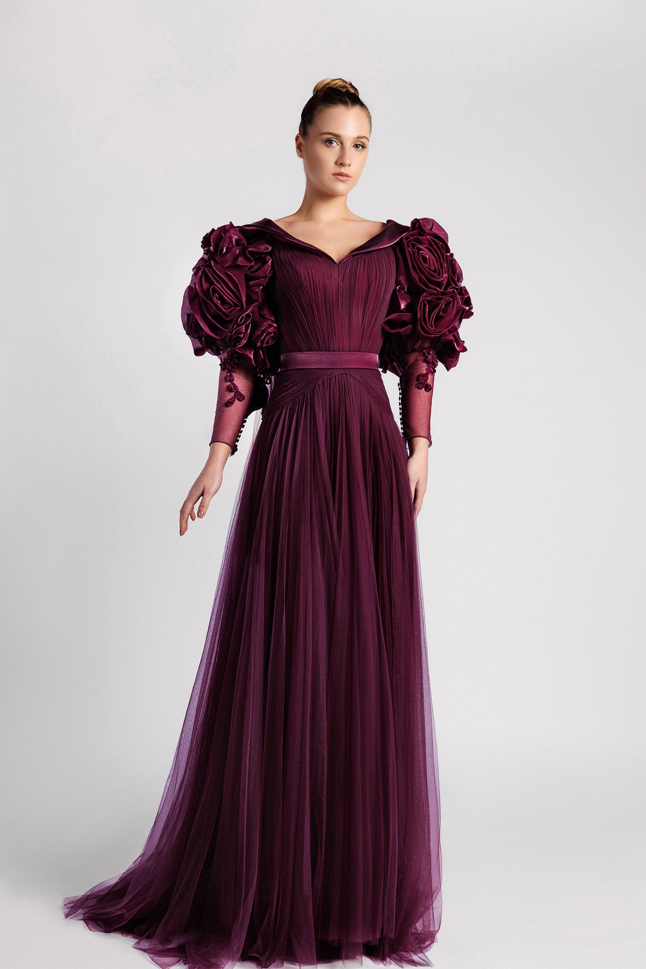 Long sleeves tulle dress with organza flowers Burgundy / FR 42