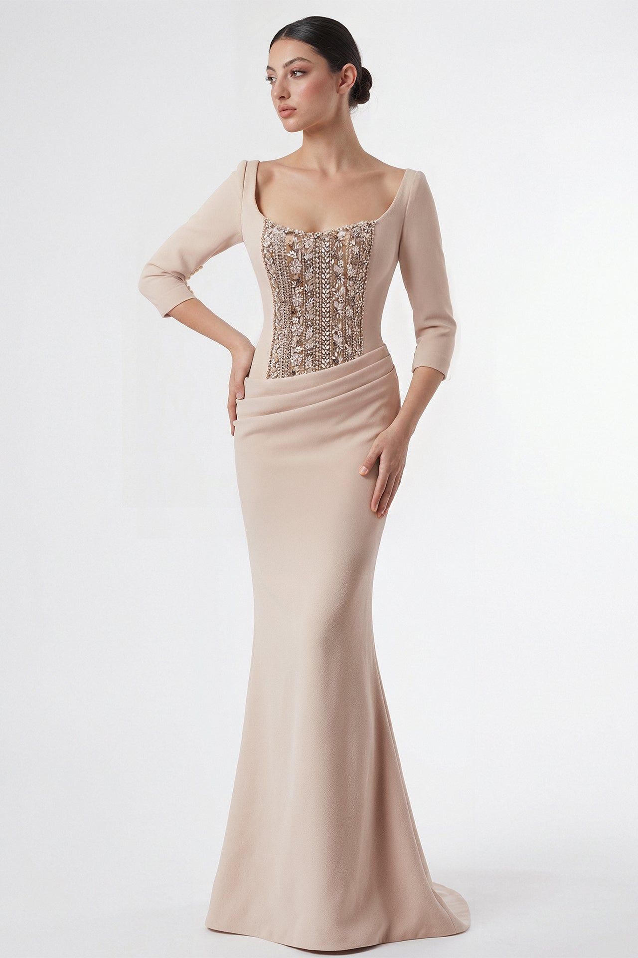 champagne crepe dress Light Champagne Wrap Satin Dress With Flutter Sleeves