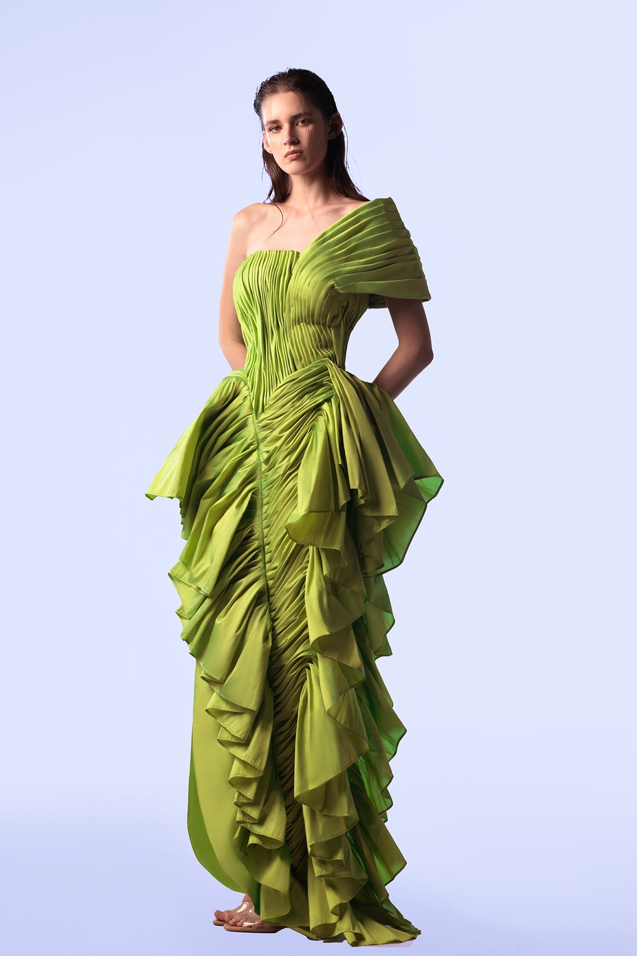 green one shoulder ruffle dress Taffeta One-Shoulder Draped with Ruffles Lime / US 6 Length_Floor Pale Yellow Rococo Floral this sleeveless midi party Color:Pink Green