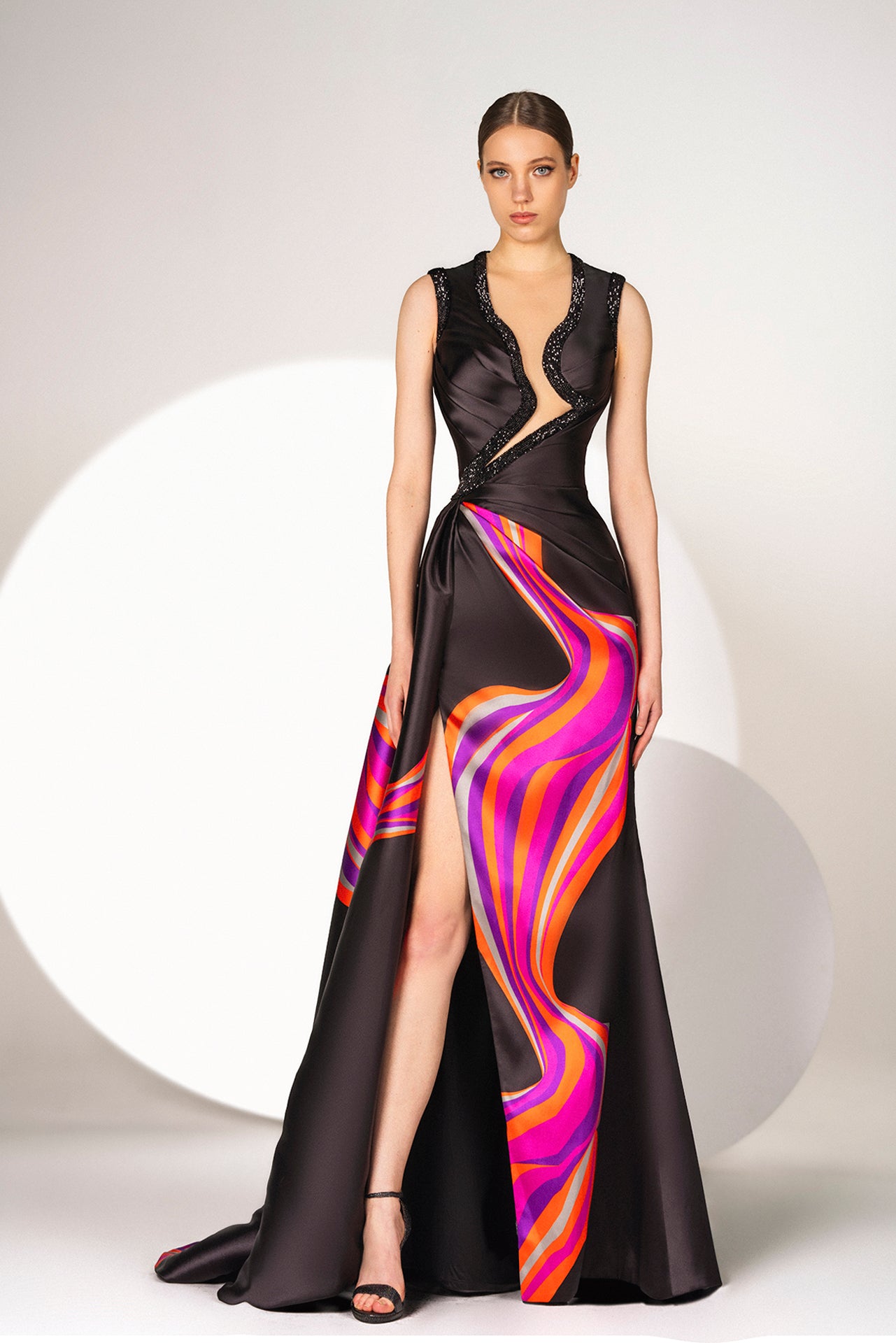 Mikado Sleeveless Column Dress with Overskirt Multi / FR 50