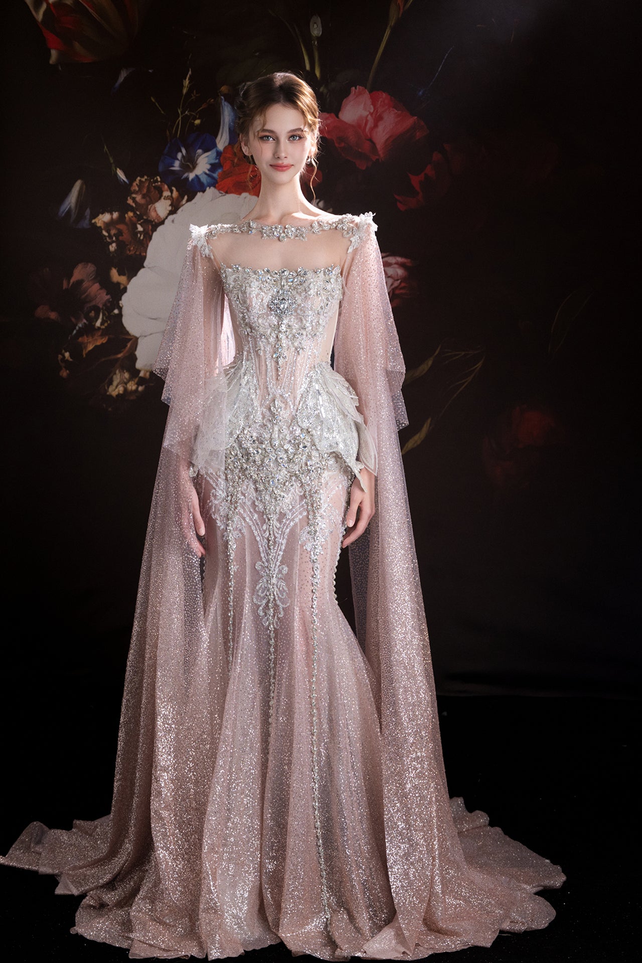 fitted lace wedding dress Mermaid Dress with Detachable Cape Light Pink / FR 36