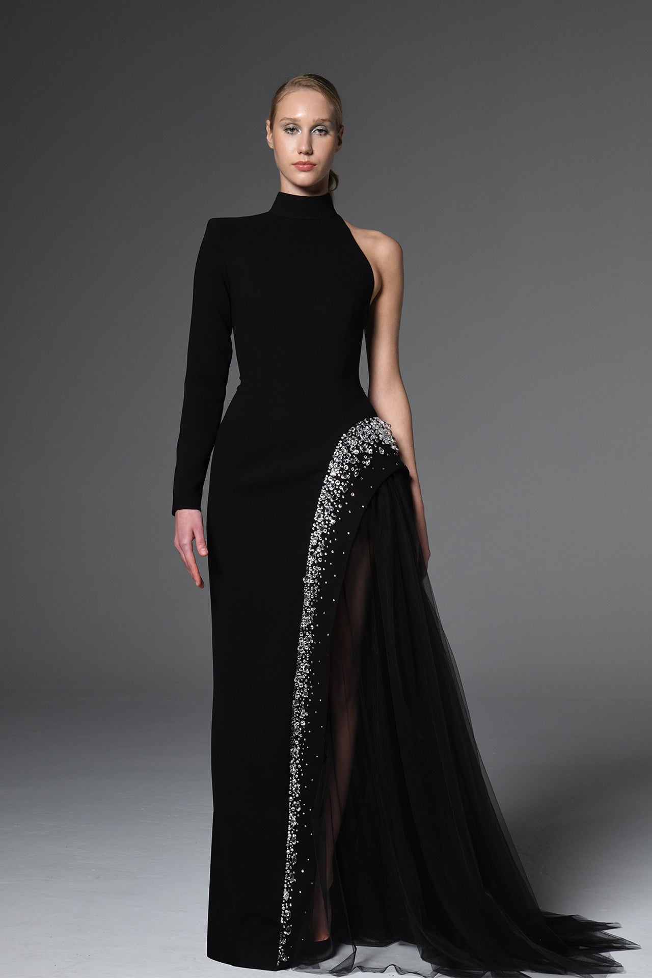 Asymmetric Dress with Embellished Tulle Fabric Black / US 18