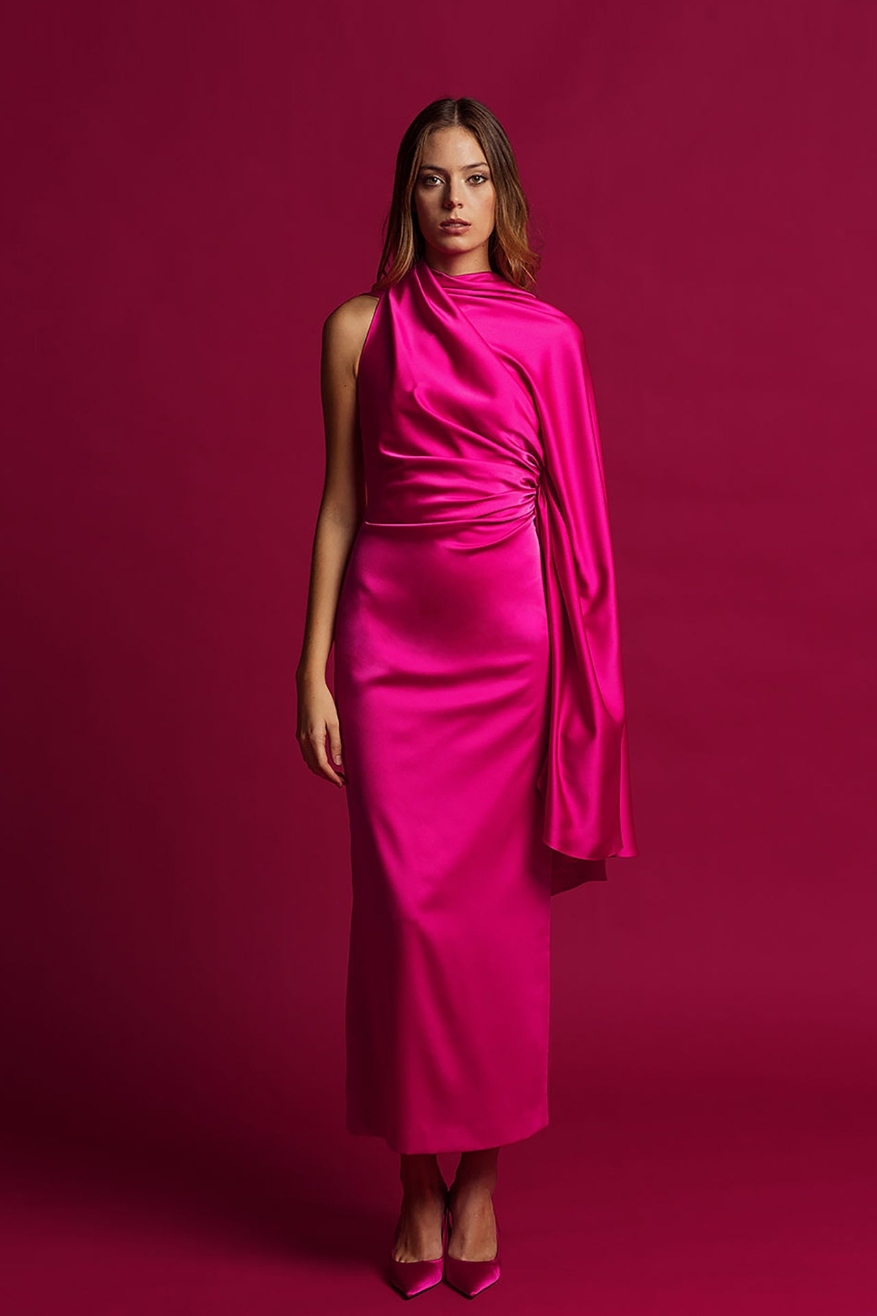 One sleeve tea length dress US 12 / Fuchsia One sleeve tea length dress US 12 / Fuchsia