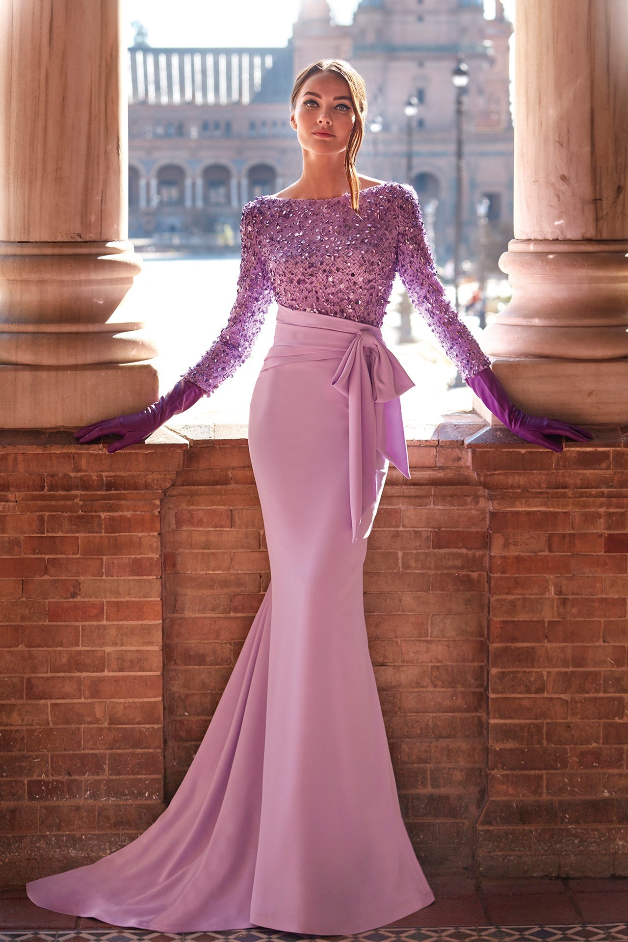 Long-Sleeved Crepe Mermaid Dress Lilac / FR 48 Long-Sleeved Crepe Mermaid Dress Lilac / FR 48