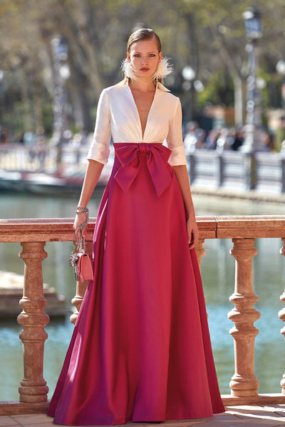 Plunging neckline blouse with evase skirt
