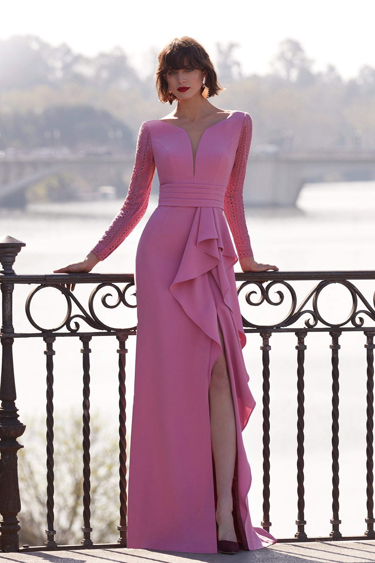 luxury crepe fabric dress with sleeves Lace and Ruffles Pink / FR 40 An elegant waterfall ruffle Color:Custom Peachy Floral Gown– Teuta sheer sleeves
