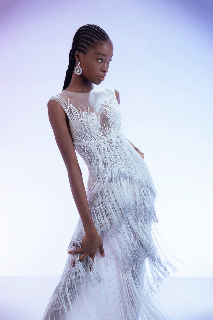 Off-White Sheer Crystal-Beaded Column Gown with Fringe Details