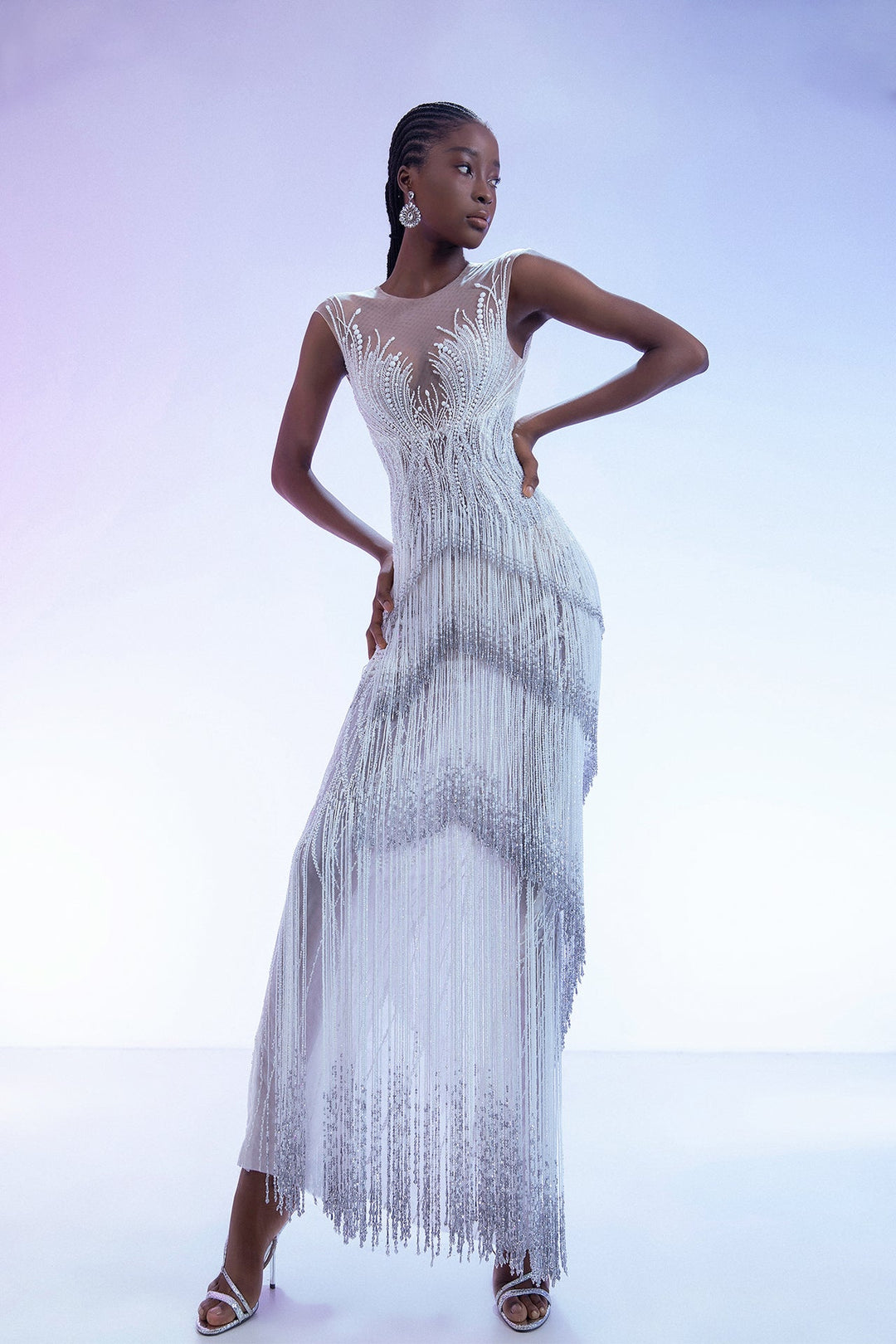 Off-White Sheer Crystal-Beaded Column Gown with Fringe Details Off-White / FR 36 Off-White Sheer Crystal-Beaded Column Gown with Fringe Details Off-White / FR 36