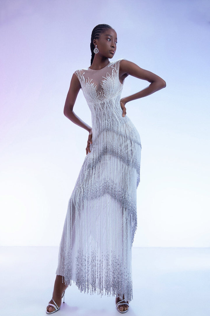 Off-White Sheer Crystal-Beaded Column Gown with Fringe Details