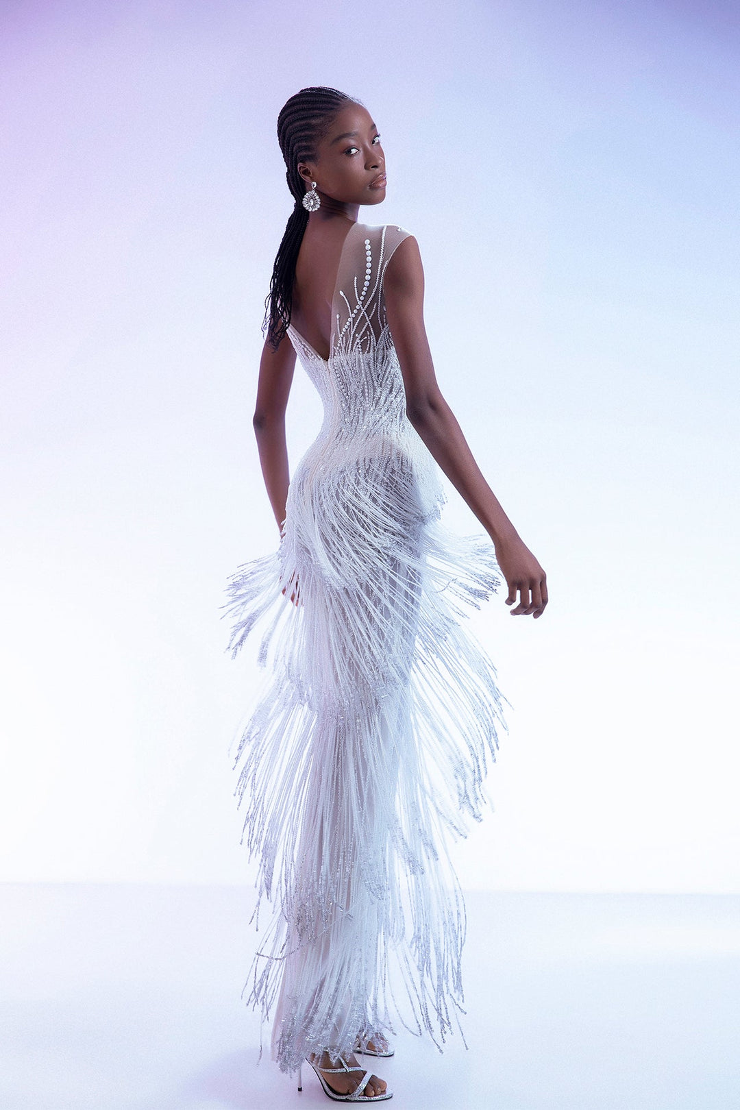 Off-White Sheer Crystal-Beaded Column Gown with Fringe Details