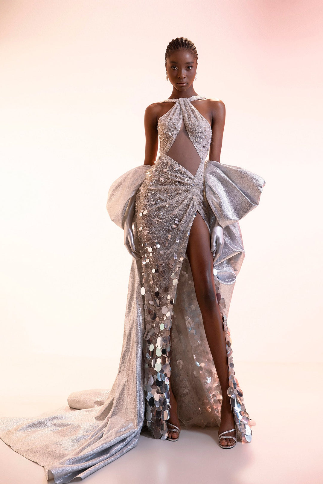 dress with silver bows Saloni London