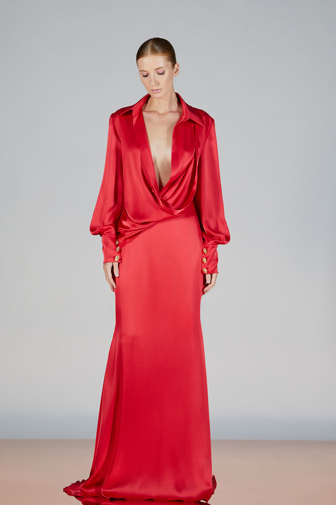 lantern sleeve satin dress Qolati Women's Satin Dress 2024 Fall Long Lantern Sleeve Flowy A-Line Formal Dress Elegant Mock Neck Puff Shoulder Tie Waist Pleated Cocktail Maxi