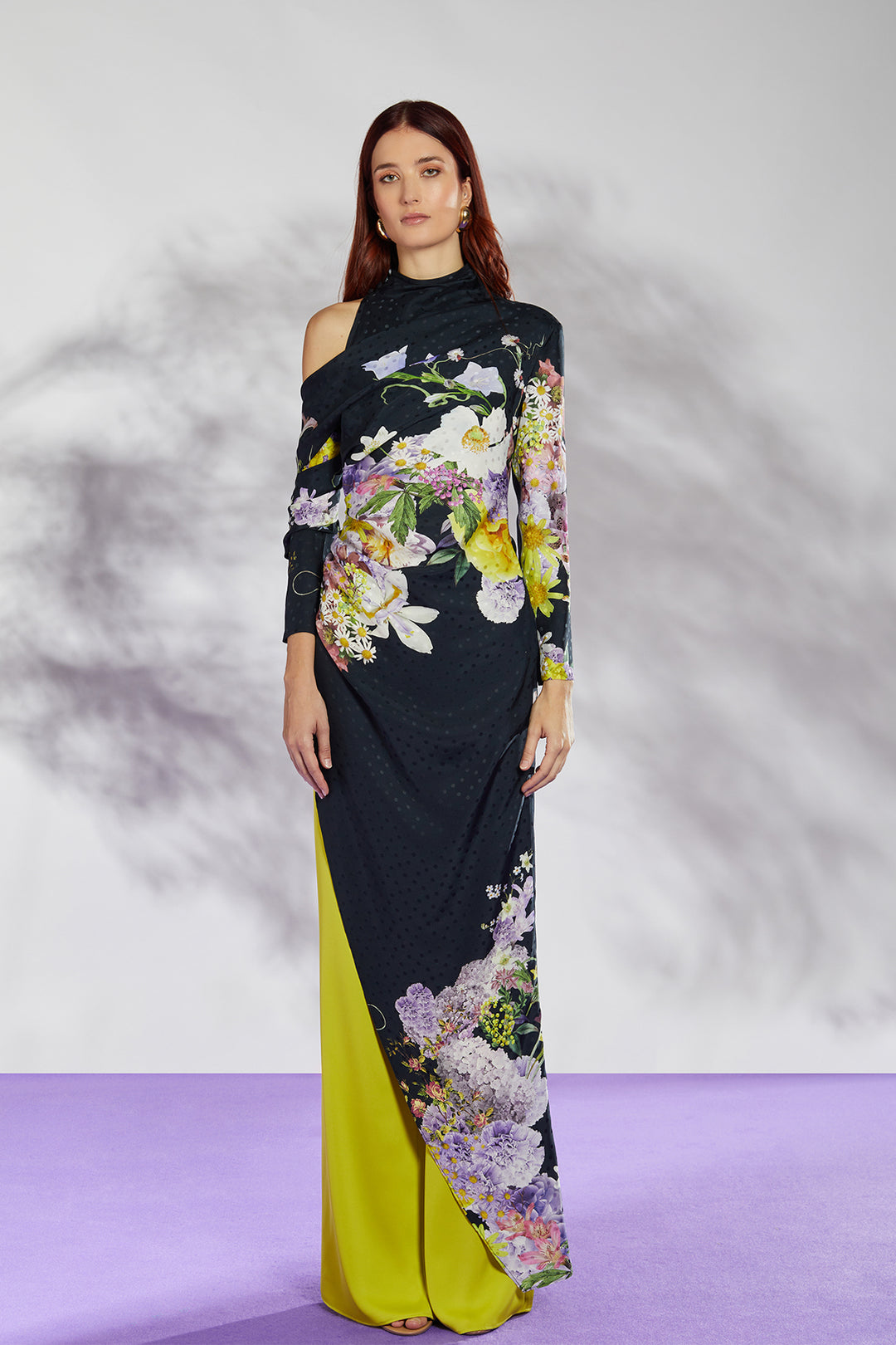 Fitted Top Long Dress with Long Sleeves and Closed Neckline Multicolor / US 10 Fitted Top Long Dress with Long Sleeves and Closed Neckline Multicolor / US 10