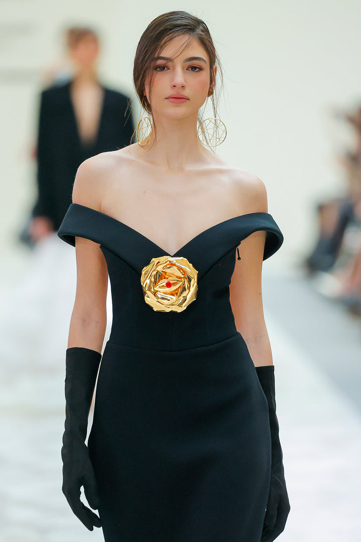 Off-The-Shoulder Neckline Floral Appliqué Dress