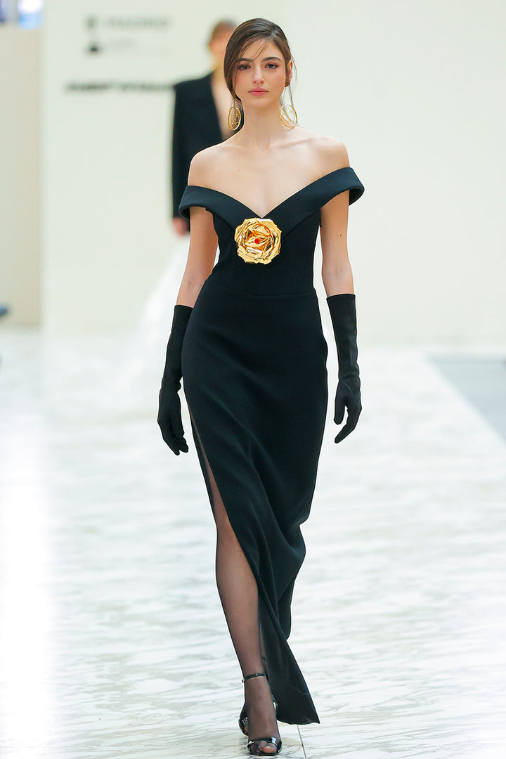 Off-The-Shoulder Neckline Floral Appliqué Dress