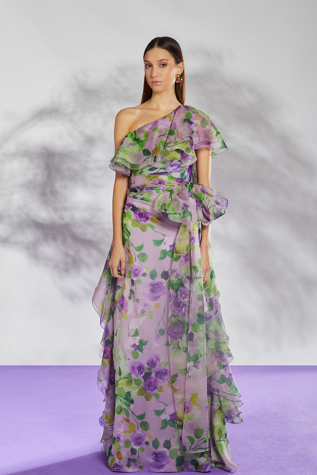 One-Shoulder A-Line Dress with Printed Pattern and Short Sleeves Multicolor / US 18 One-Shoulder A-Line Dress with Printed Pattern and Short Sleeves Multicolor / US 18