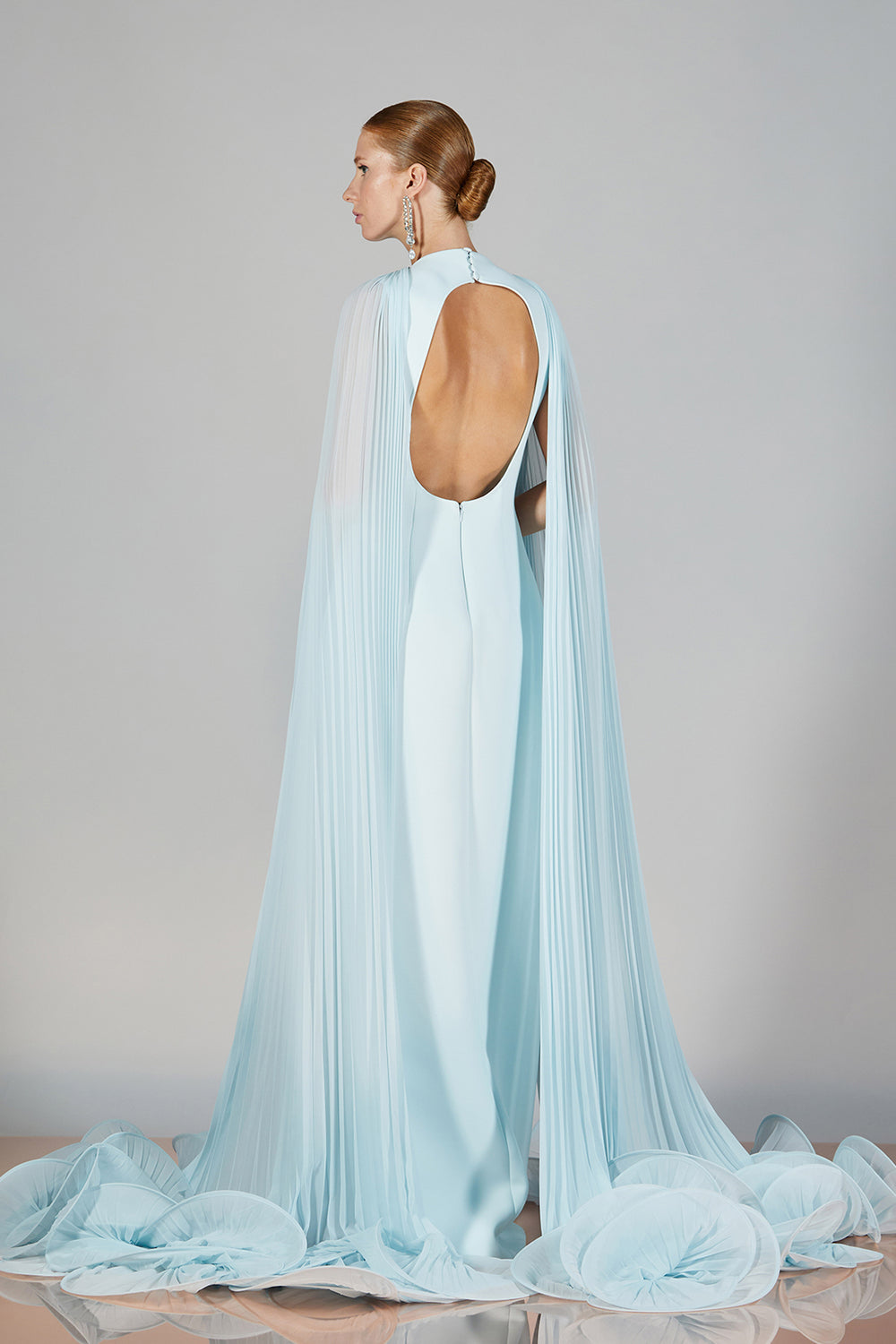 silk cape dress Silk Cape Evening Dress Light Blue Elegant Wedding Guest Gown With Chiffon Cape, Modest Bridesmaid Formal Dress
