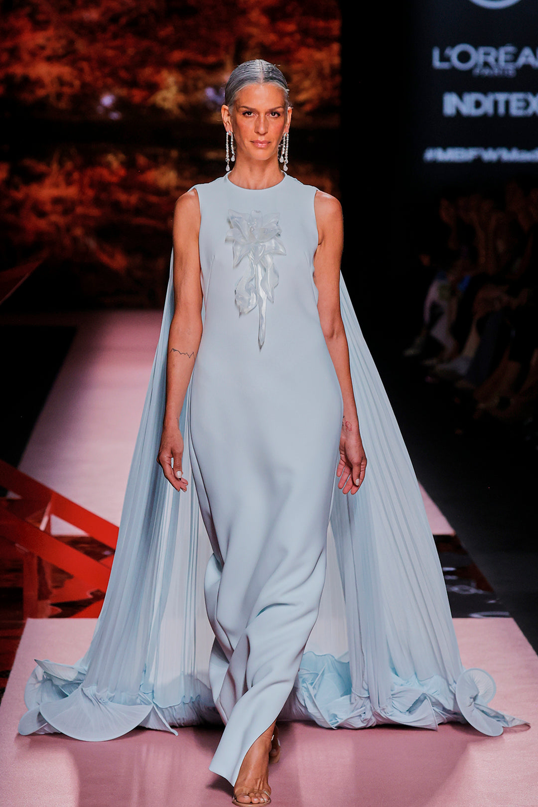 silk column dress Embellished Cape Gown with Floral Hem Light Blue / US 2