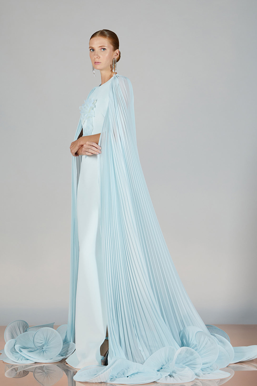 Embellished Cape Gown with Floral Hem Light Blue / US 2 Embellished Cape Gown with Floral Hem Light Blue / US 2