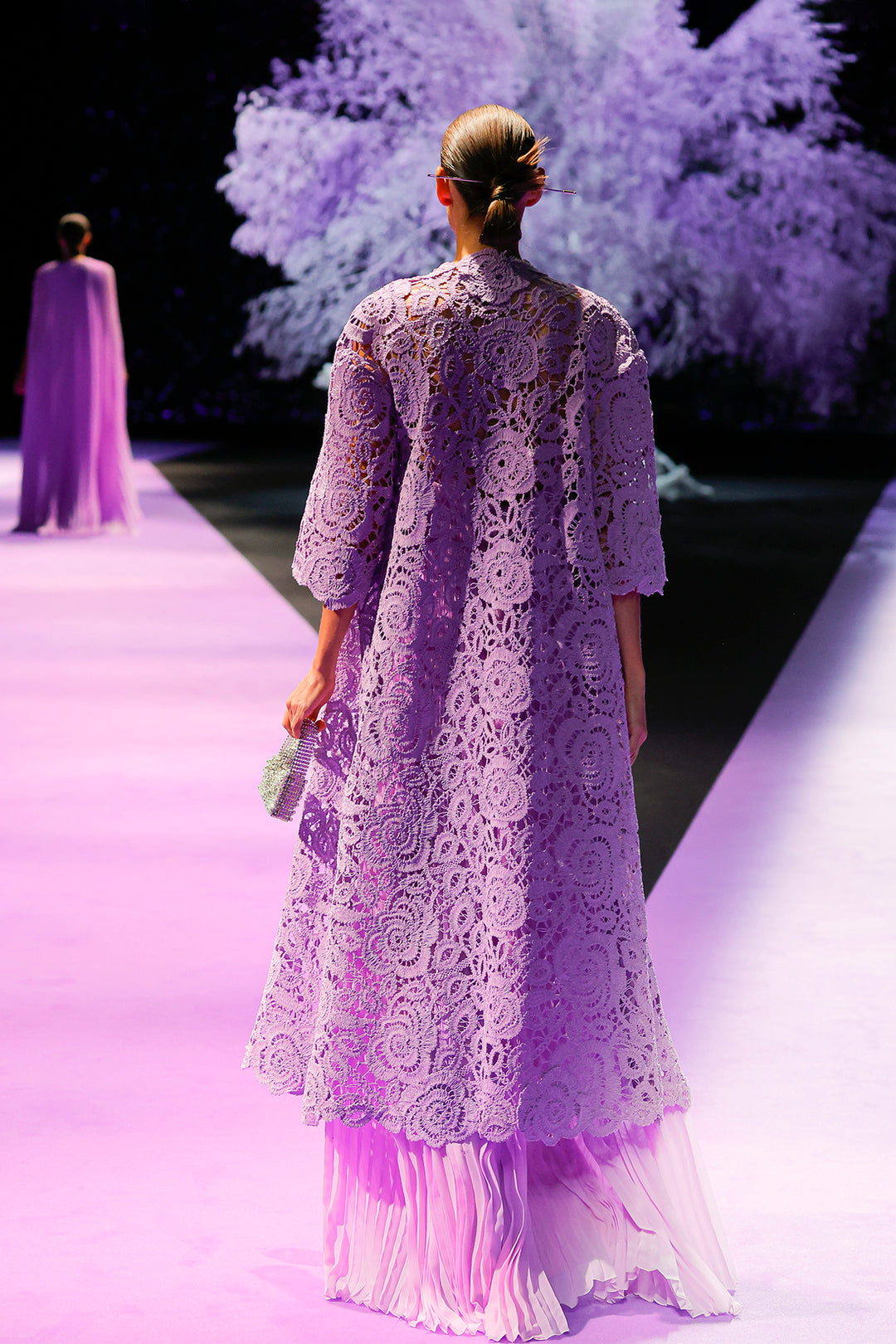 purple lace v neck dress Sheer-Sleeved Lace Formal Dress: La Femme 32491 Eggplant / 4