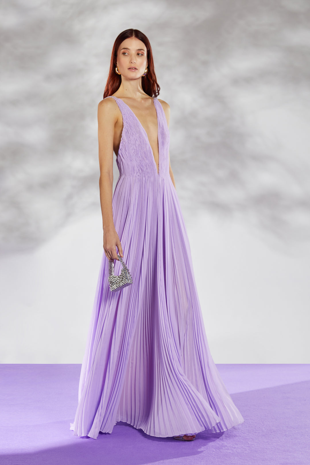 purple lace v neck dress Sheer-Sleeved Lace Formal Dress: La Femme 32491 Eggplant / 4