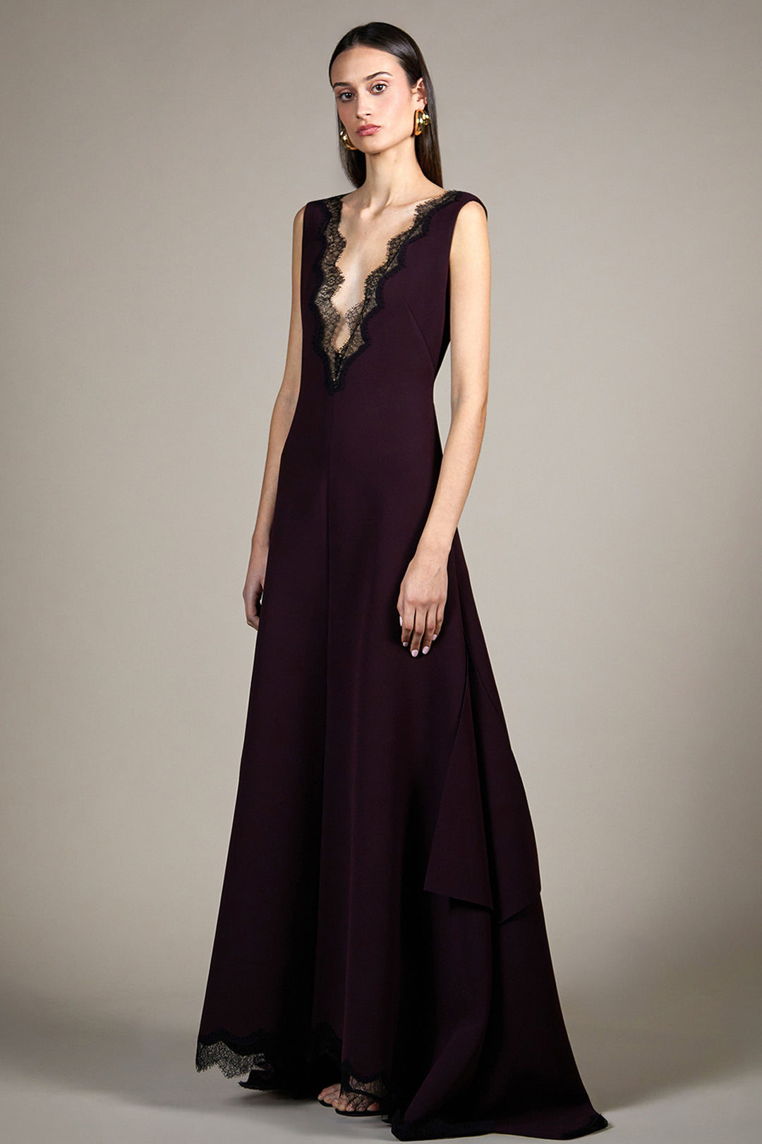 Plunging V-Neckline A-Line Dress with Lace Trim