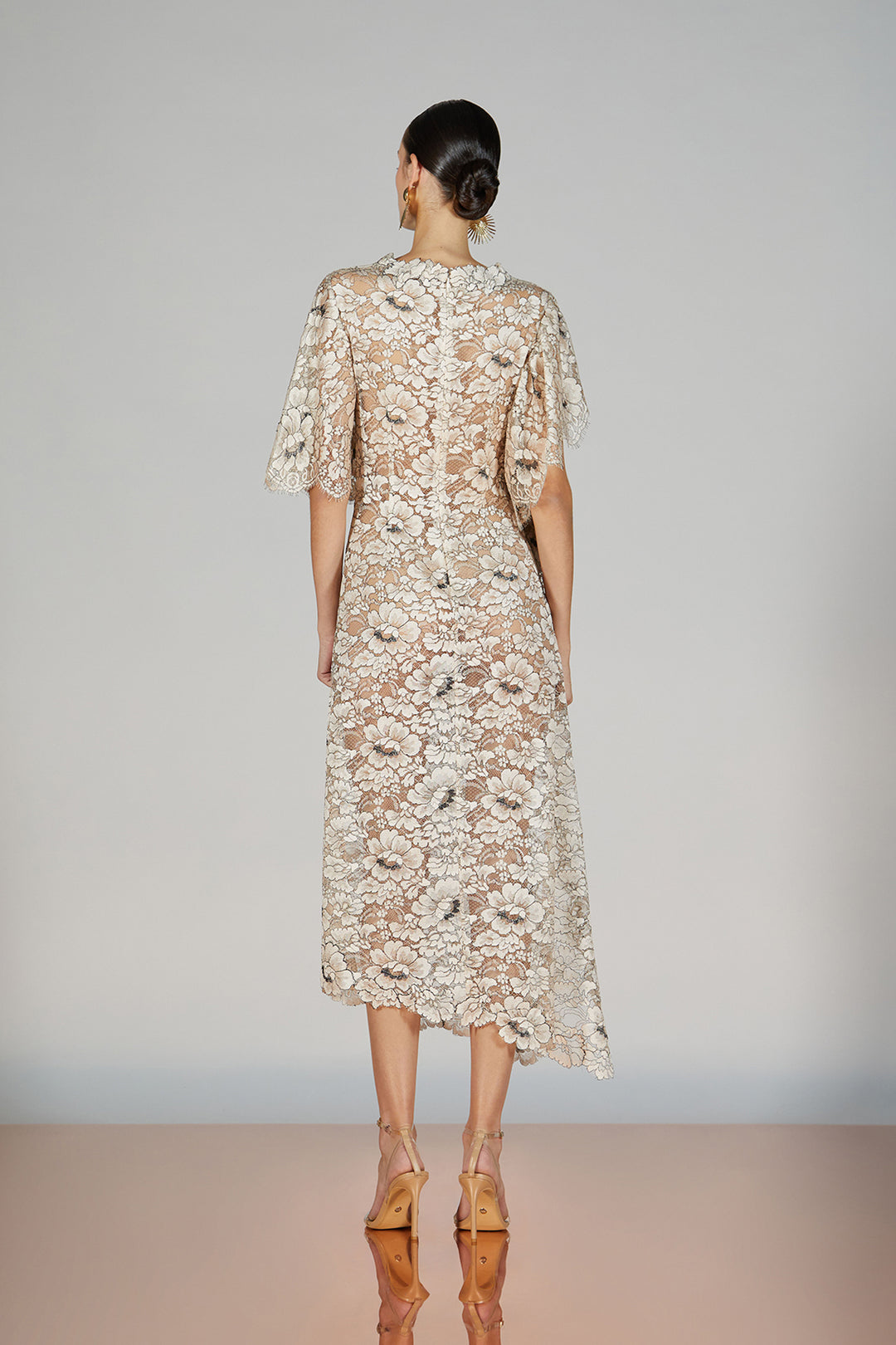 Lace-Trimmed Closed-Neckline Midi Dress