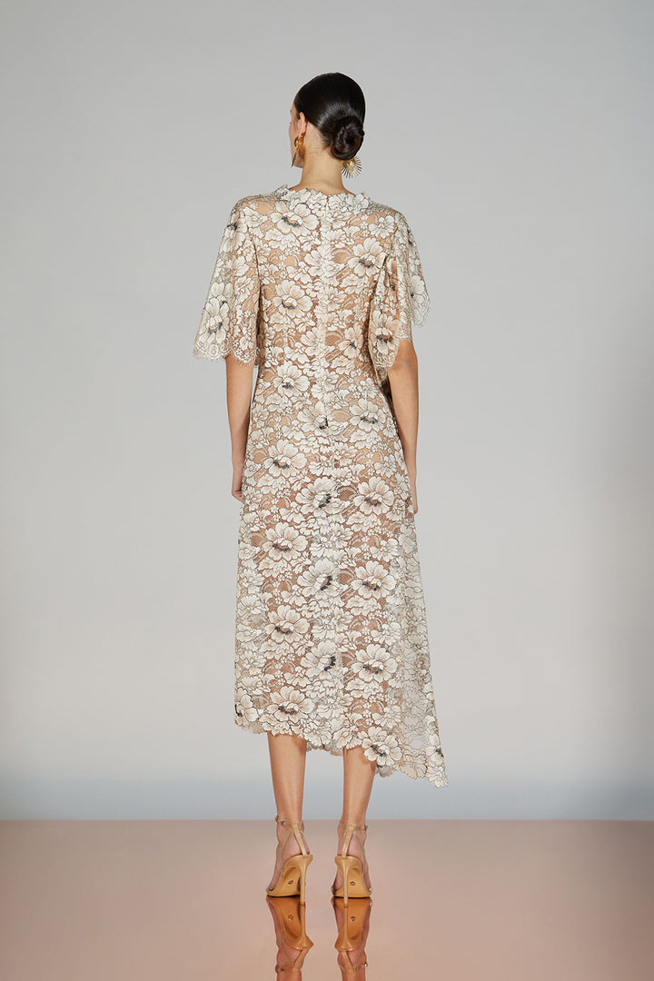 Lace-Trimmed Closed-Neckline Midi Dress