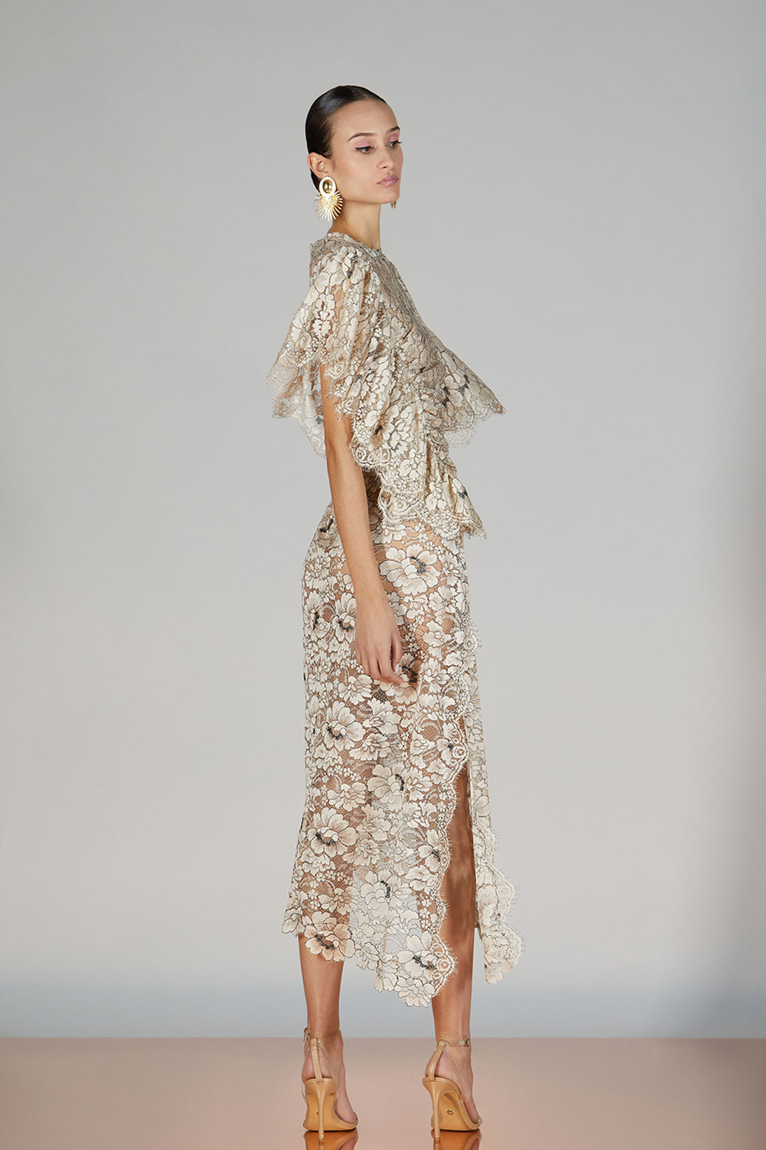 Lace-Trimmed Closed-Neckline Midi Dress