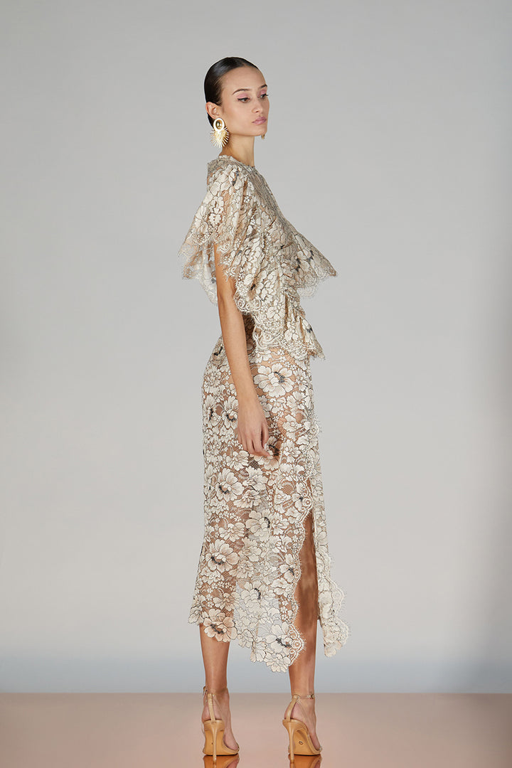 Lace-Trimmed Closed-Neckline Midi Dress