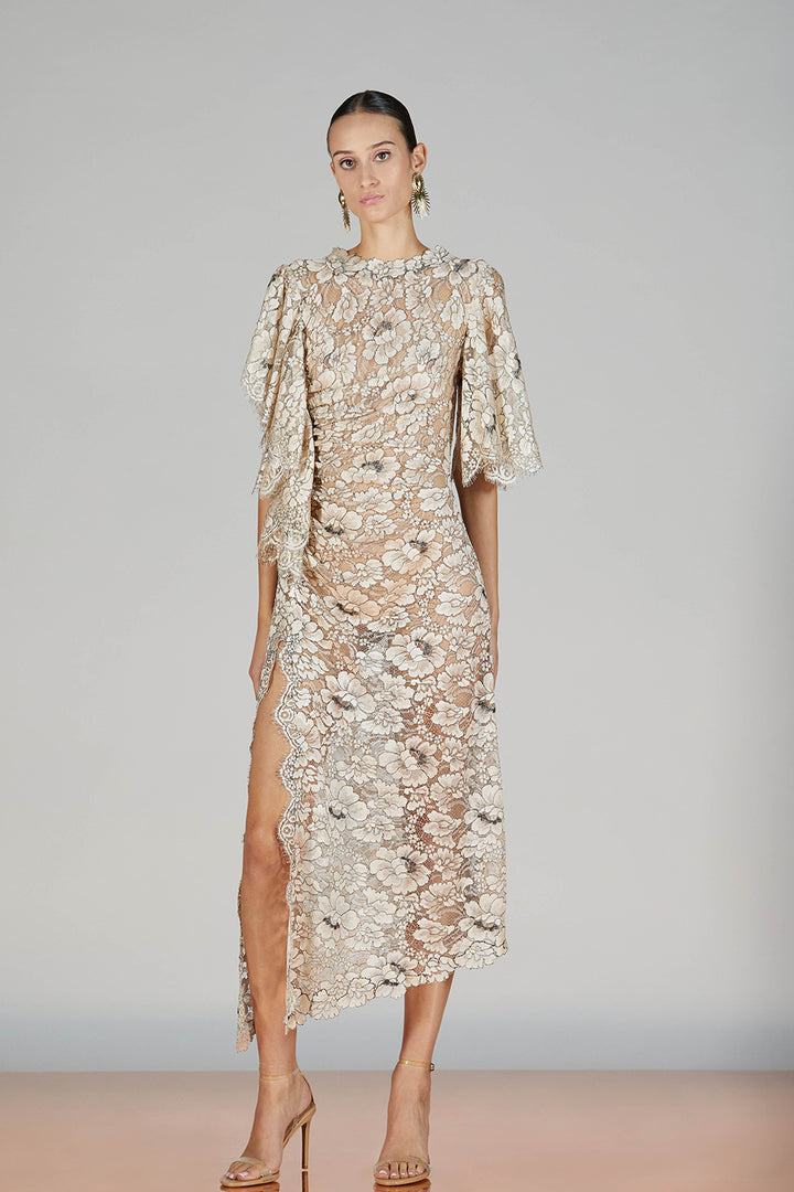 Lace-Trimmed Closed-Neckline Midi Dress