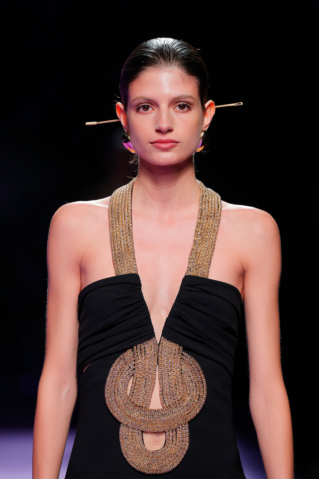 High slit crepe dress with gold beads Black / US 10 High slit crepe dress with gold beads Black / US 10