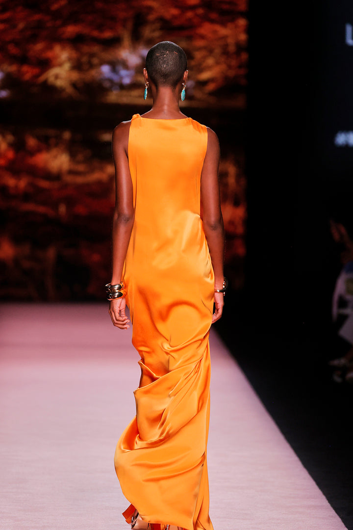 Closed-Neckline Satin Column Dress