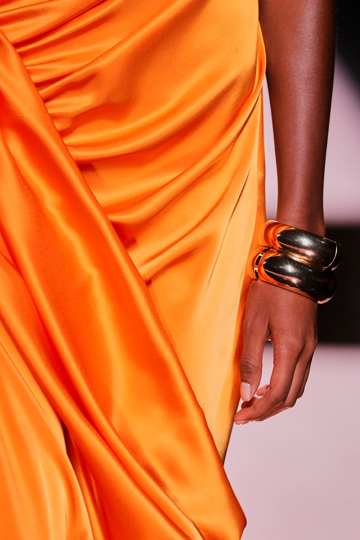 Closed-Neckline Satin Column Dress