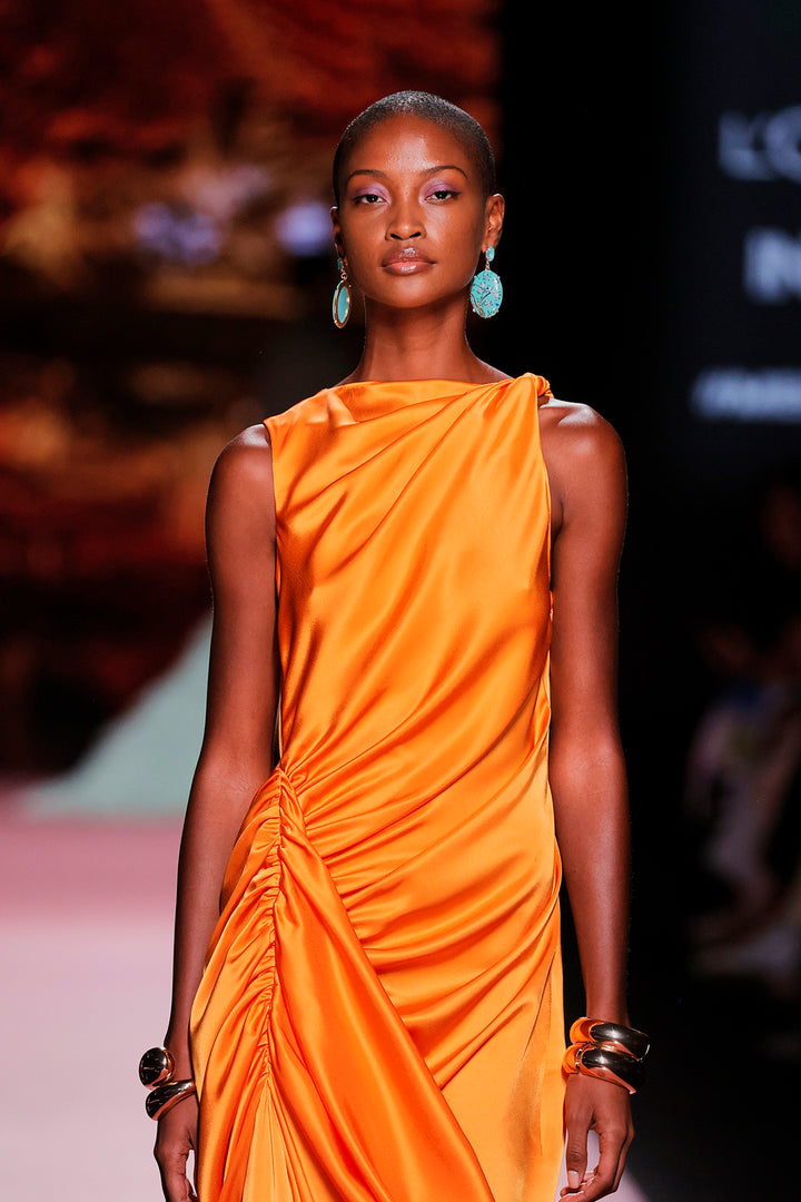 Closed-Neckline Satin Column Dress