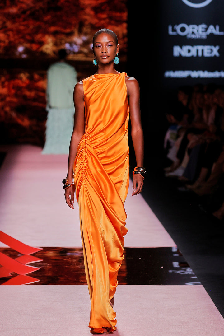 Closed-Neckline Satin Column Dress