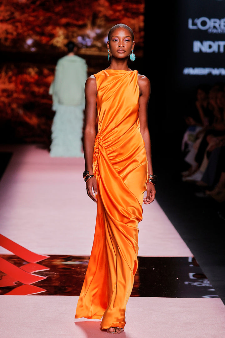 Closed-Neckline Satin Column Dress