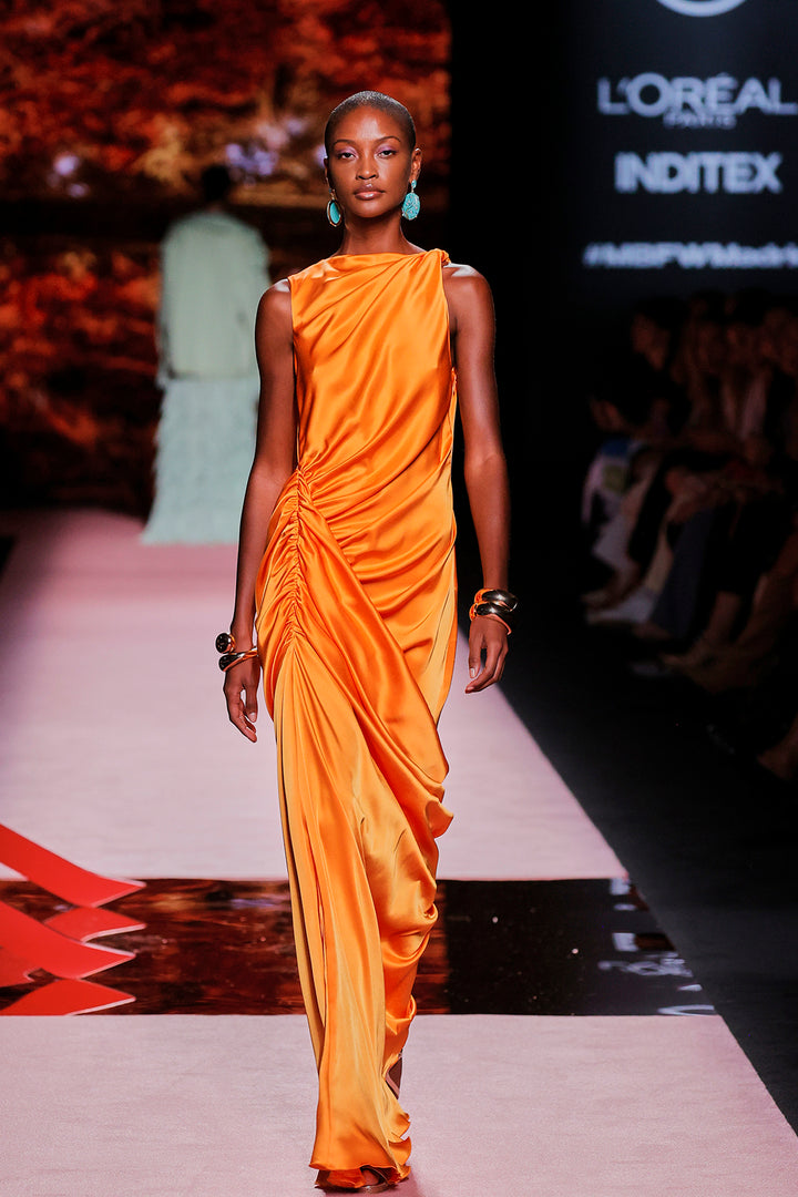 Closed-Neckline Satin Column Dress