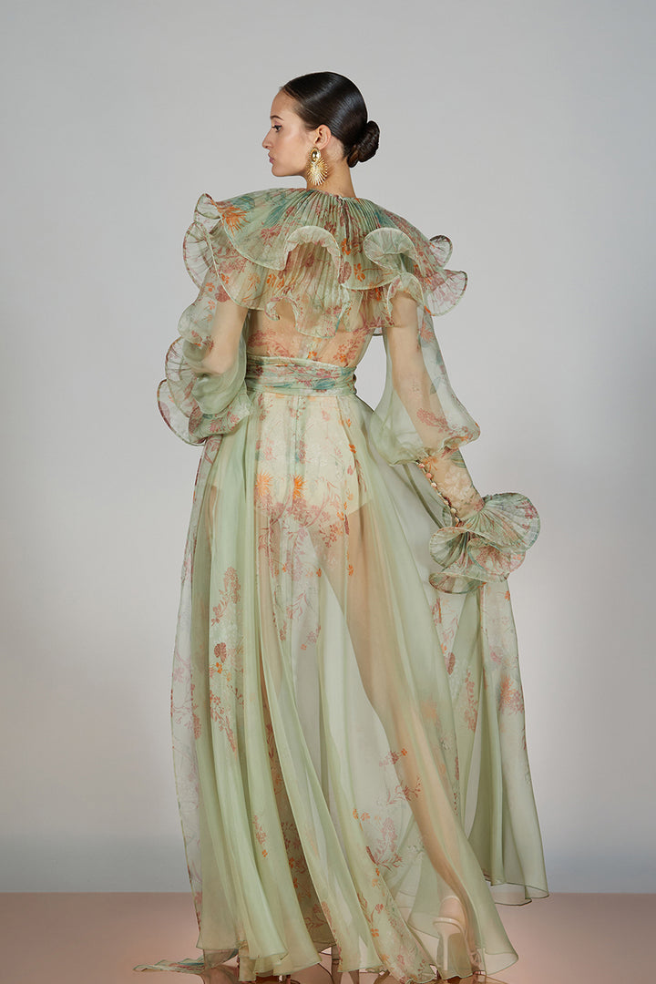 Lantern-Sleeve Printed A-line Dress