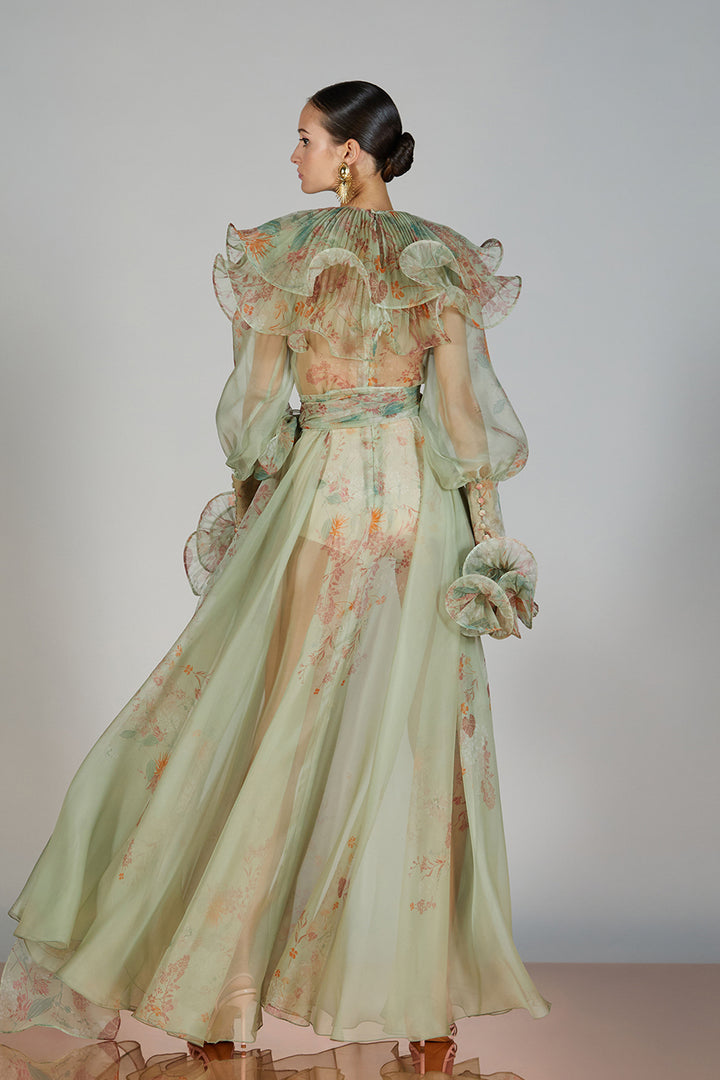 Lantern-Sleeve Printed A-line Dress