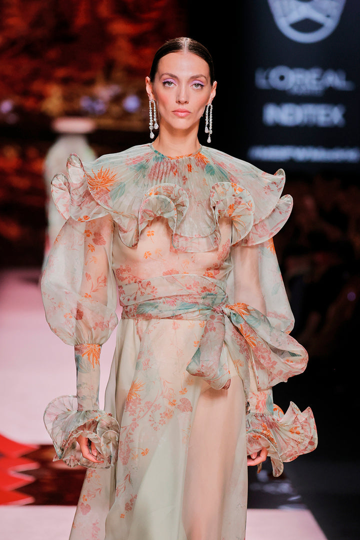 Lantern-Sleeve Printed A-line Dress