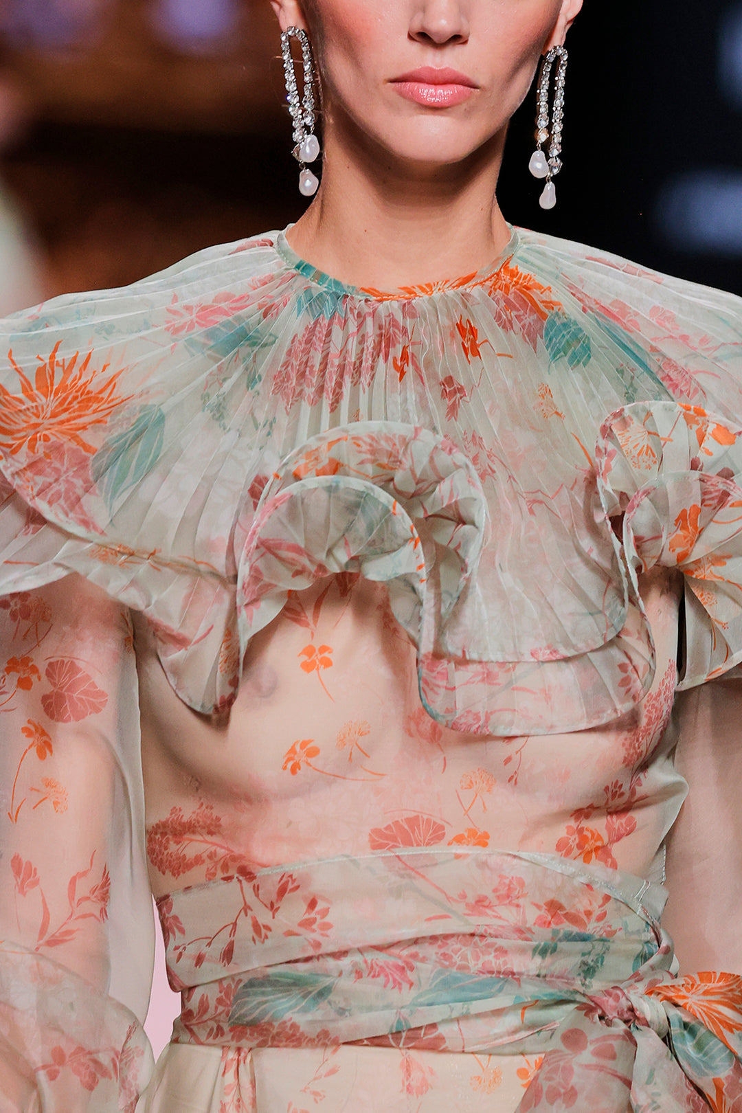 Ruffled Floral Gown with Layered Collar Multicolor / US 20 Ruffled Floral Gown with Layered Collar Multicolor / US 20