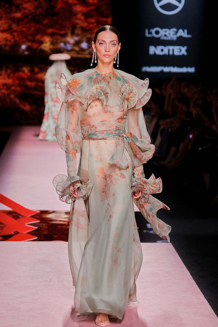 Lantern-Sleeve Printed A-line Dress