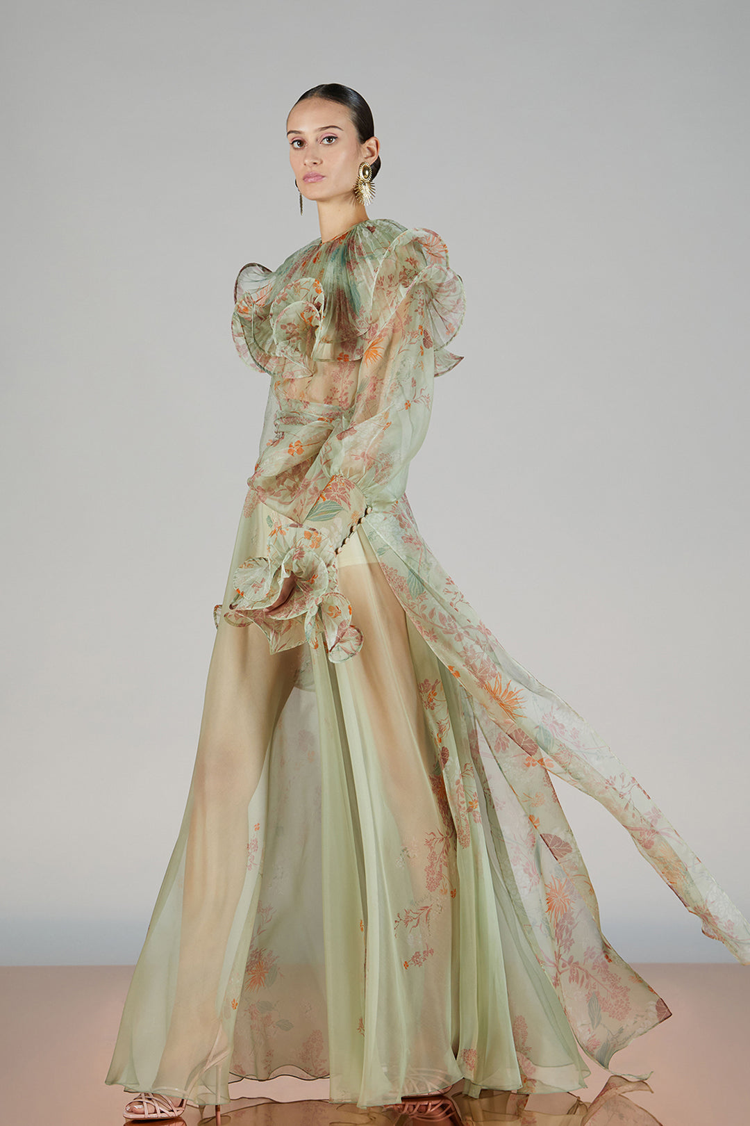 Lantern-Sleeve Printed A-line Dress