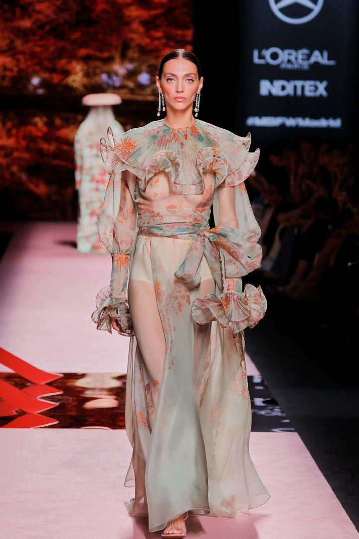 Lantern-Sleeve Printed A-line Dress