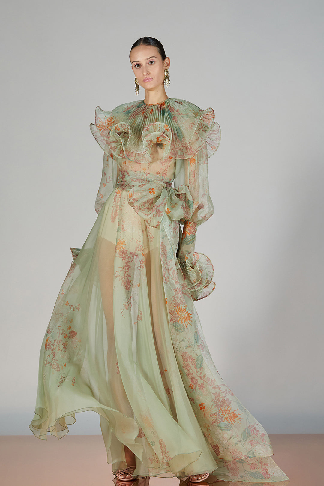 Ruffled Floral Gown with Layered Collar Multicolor / US 20 Ruffled Floral Gown with Layered Collar Multicolor / US 20